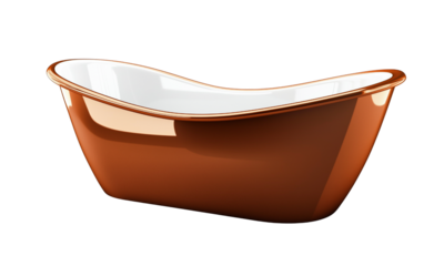 Freestanding glossy copper-toned bathtub with a white enamel interior and an elegant curved oval silhouette.
