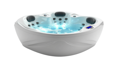 A white round jacuzzi hot tub with multiple molded seats, headrests, adjustable jets and LED-lit bubbling water.