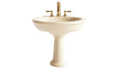 Cream-colored pedestal sink with a round basin and gold-tone dual-handle faucet.