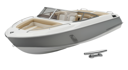 Sleek white/silver speed boat with beige seating and polished steel, beside a gleaming chrome cleat, isolated on a seamless transparent studio background, commercial product showcase concept
