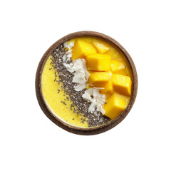 Delicious Mango Smoothie Bowl with Chia Seeds and Coconut Flakes in Coconut Shell Bowl