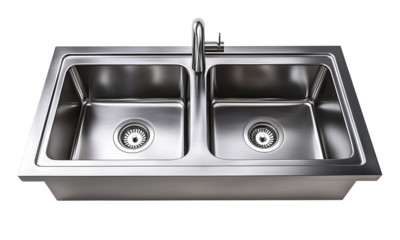 Stainless steel double-basin kitchen sink with a central faucet and twin drains.