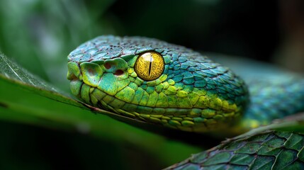 Fototapeta premium A striking close-up captures the intense gaze of a vibrant green snake, its textured scales and golden eye conveying a sense of wild beauty and natural power within lush foliage.
