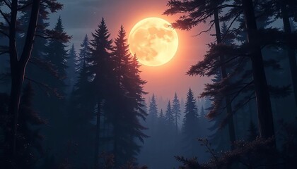Faint moon glow illuminates mystical forest edge, anime-style, dreamy atmosphere,  romantic,  tranquil