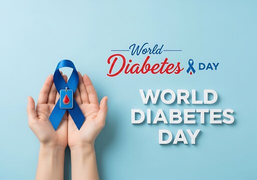 Hands hold blue ribbon for world diabetes day awareness and support - Powered by Adobe