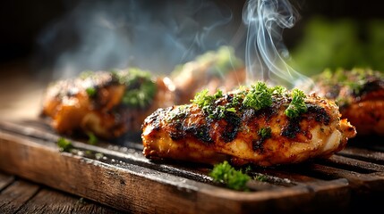 Perfectly grilled chicken sizzling on a rustic charcoal grill, garnished with fresh parsley. Gentle smoke rises from the dark wooden table setting.