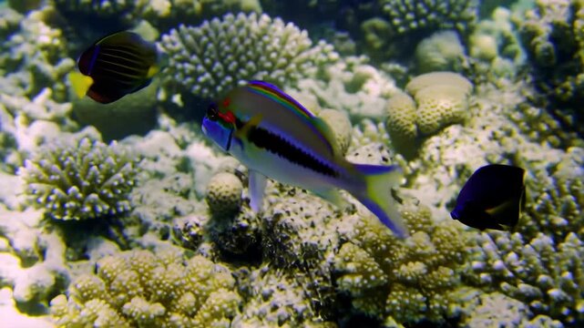 Striking fish swims among coral reef in natural habitat