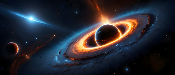 Black hole with swirling accretion disk glowing in vivid colors, mysterious astronomical scene with stars in deep space.