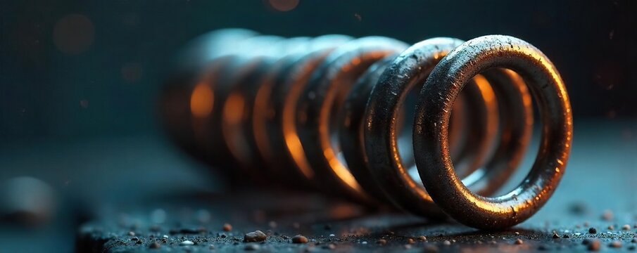 Close-up shot of a coiled spring, demonstrating the potential energy stored within its compressed form  The metallic gleam highlights the tension and readiness for release , compressed, engineering
