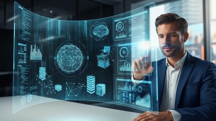 Focused executive interacts with an advanced holographic display, manipulating generated data visualizations for future business intelligence - Powered by Adobe