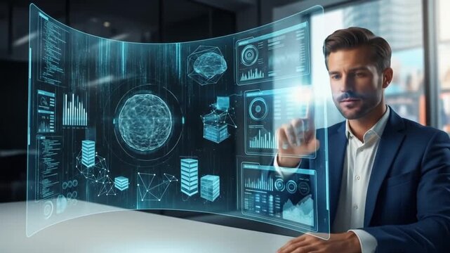Focused executive interacts with an advanced holographic display, manipulating generated data visualizations for future business intelligence