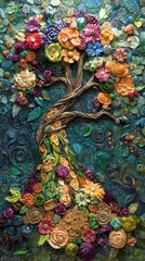 Relief artwork of an abstract tree with colorful flowers on its branches