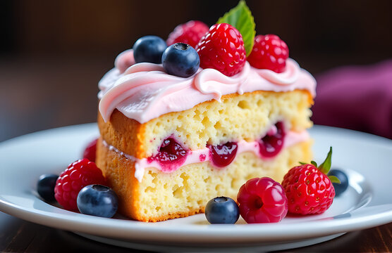 moist sponge cake topped swirled buttercream frosting fresh berries bursting vibrant pinks
