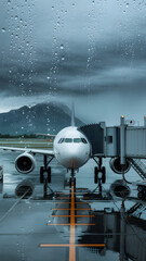 Airplane docked at a boarding gate on a very rainy tarmac