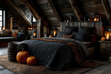 Cozy Autumn Bedroom Decor with Rustic Charm and Festive Seasonal Elements for Halloween Ambiance