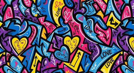Obraz premium Vector art of graffiti art seamless pattern with hearts, arrows, and the word love in vibrant colors