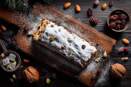 Traditional fruitcake dusted with powdered sugar