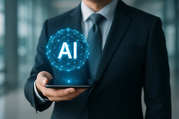 Businessman Holding AI Hologram on Smartphone Technology
