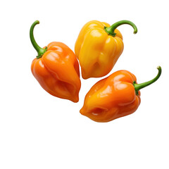 Three vibrant orange and yellow habanero chili peppers clustered with green stems, next to bright orange chili powder on a transparent background, 45-degree overhead view, commercial product