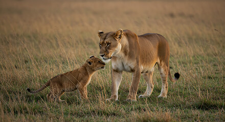 Naklejka premium Lioness And Cub In The African Savannah At Golden Hour Beautiful Scene