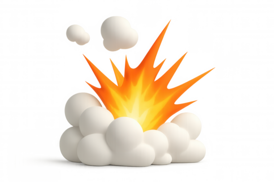 Explosive cartoon 3d rendering with vibrant smoke and fiery flames bursting against transparent backdrop