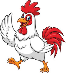 Happy Cartoon Rooster with Red Comb and Tail Feathers, Walking Cheerfully on White Background, Perfect for Kids, Farm, or Education