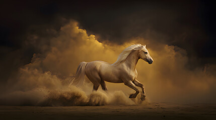 Majestic horse running through golden desert dust under a warm sunset, capturing dynamic motion.
