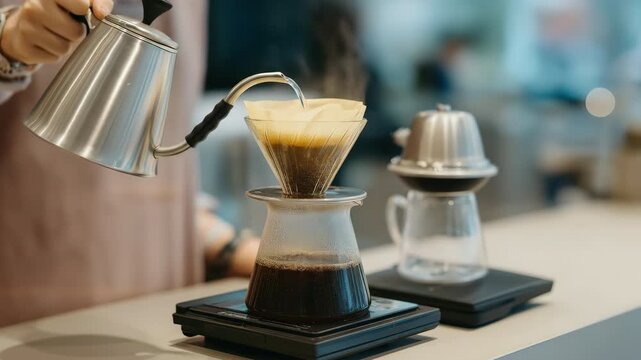 A pour over coffee brewing with barista kettle, glas carafe, and filter, using hot water for fresh aromatic beverage preparation in modern cafe, hand drip equipment, caffeine, minimal clean counter