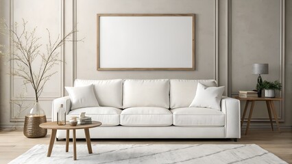 Fototapeta premium Serene Geometry – Minimalist Living Room with White Sofa, Empty Frame, Gray Wall Molding, Wooden Accents, Neutral Palette, Interior Design, Modern Decor