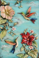 Metal relief artwork with flowers and hummingbird drawings