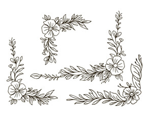 Floral corners set. Hand drawn botanical decoration with flowers, branch and herbs. Vintage corner frame design element