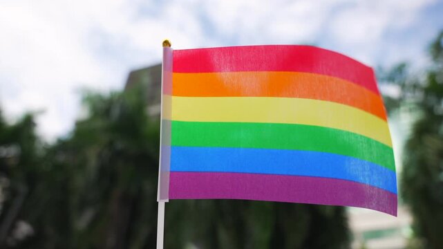 Close up of small Rainbow pride flag waving with tropical trees and modern city skyline