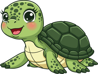 Happy Cute Cartoon Baby Turtle with Green Shell and Big Eyes – Adorable Vector Illustration Perfect for Children’s Designs and PrintsHappy Cute Cartoon Baby Turtle with Green Shell and Big Eyes – 