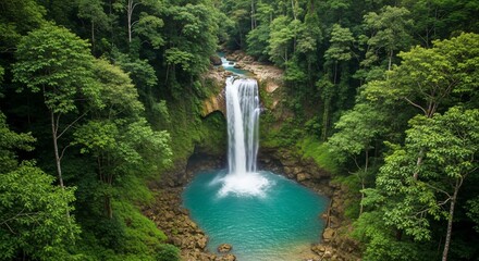 Obraz premium Majestic waterfall cascading into a turquoise pool surrounded by lush, vibrant green rainforest foliage.