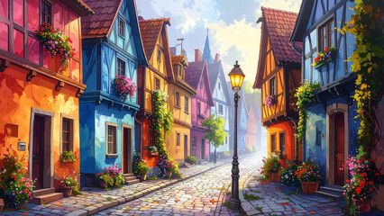Fototapeta premium Whimsical Digital Painting of a Crooked Cobblestone Street with Colorful Half-Timbered Houses and Lantern Glow, Storybook Illustration Style