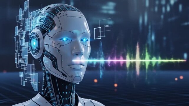 Advanced AI humanoid generating a futuristic data file, processing complex audio information with a holographic display on a futuristic September day in 2025