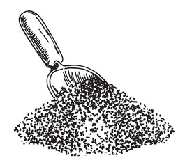 Cereals in a scoop. Wooden scoop. Wooden scoop with grains. Scoop designed for grain farming industry hand drawn