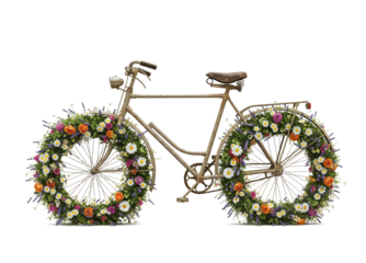 Vintage Bicycle Adorned With Abundant Colorful Flowers And Lush Greenery Representing Nature And Springtime PNG cutout transparent background isolate