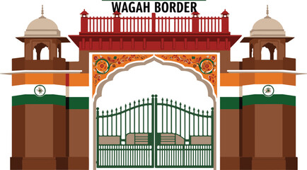 Wagah Border Gate with Indian Flags on Pillars and Decorative Archway India Pakistan border crossing