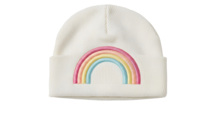 White beanie hat with a rainbow design on white background