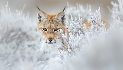 Obraz premium Lynx gracefully emerging from the snowy underbrush in a serene winter landscape setting