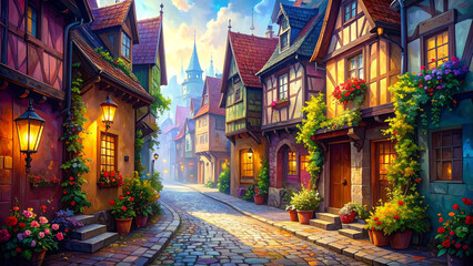 Fototapeta premium Whimsical Digital Painting of a Crooked Cobblestone Street with Colorful Half-Timbered Houses and Lantern Glow, Storybook Illustration Style