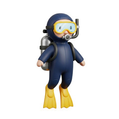 The 3D Cartoon Diver With Full Gear isolated on Transparent Background