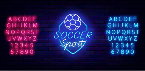 Soccer sport neon label. Ball and shield. Football team. Sport tournament. Vector stock illustration