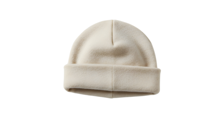 Beige beanie hat on white background