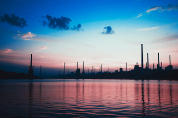 Silhouetted Industrial Skyline at Sunset Reflecting on Calm Water