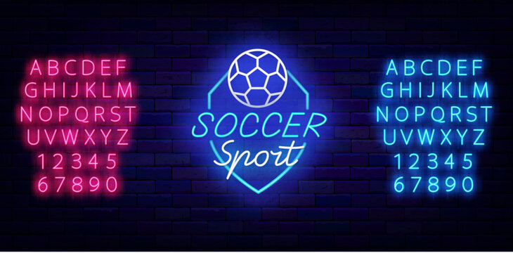 Soccer sport neon label. Ball and shield. Football team. Sport tournament. Vector stock illustration