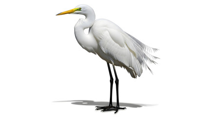 Obraz premium A detailed photograph of a great white egret standing on a white surface, showing its features.