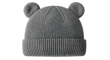 Grey knitted baby beanie hat with ears isolated on white background