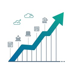 Financial Growth and Business Success Illustrated by Upward Trend Arrow and Icons of Buildings and Clouds
